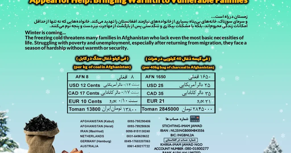 موسسه خیریه امام جواد علیه السلام برای سوخت زمستانی نیازمندان افغانستان در خواست کمک دارد.